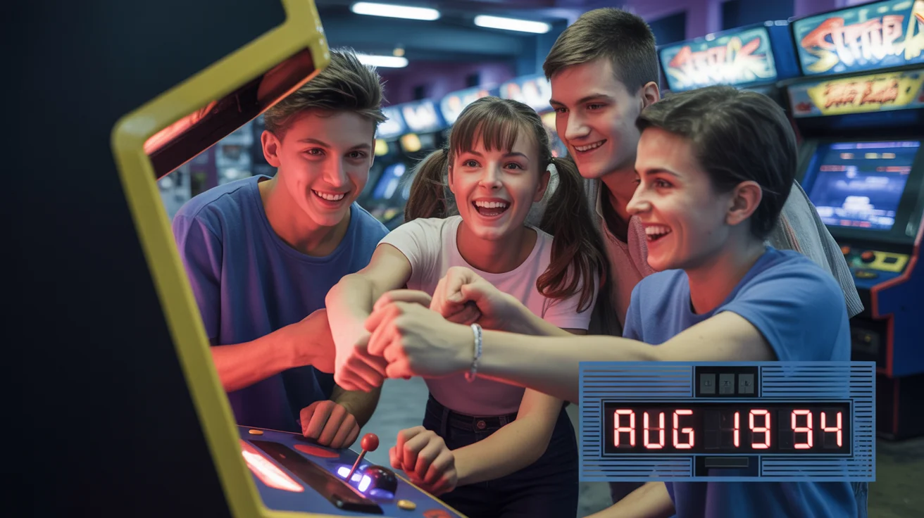 A photo with a 1990s VHS effect, showing a group of teenagers playing an arcade game, with a date stamp from 1994 in the corner.