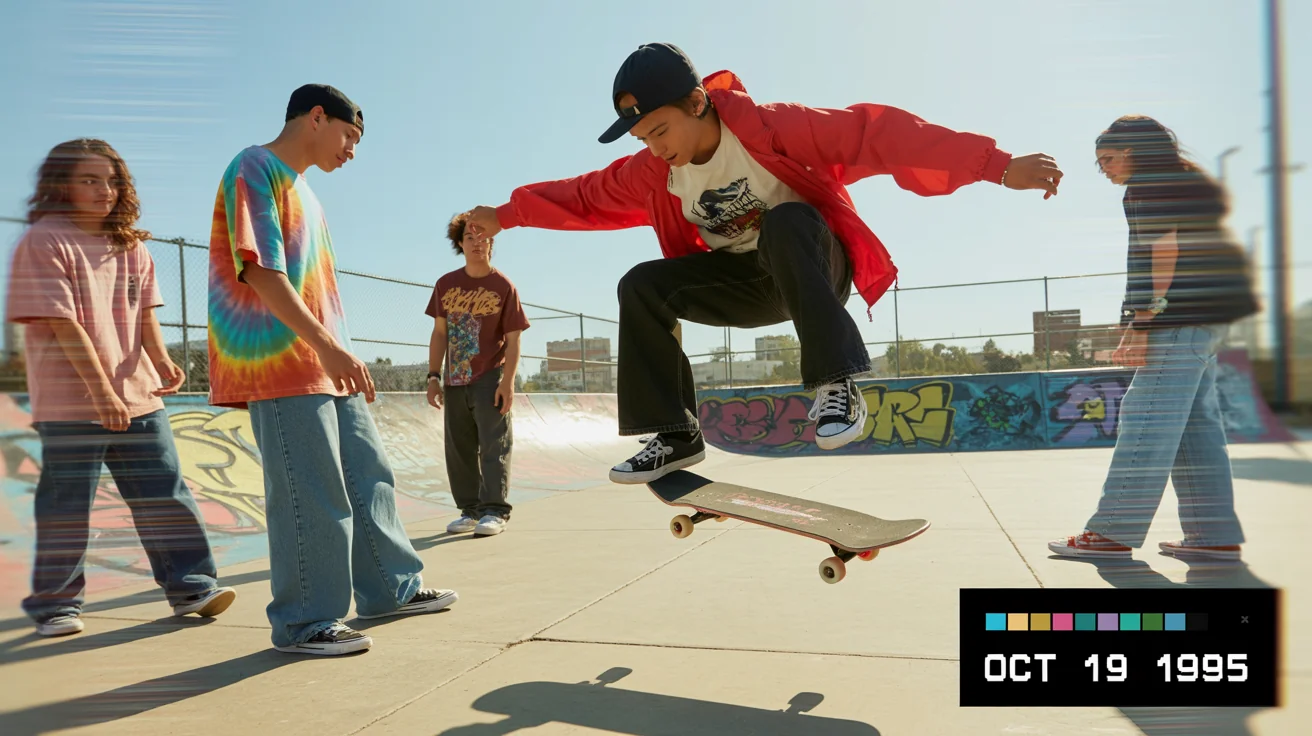 A retro-style photo of teenagers at a 90s skatepark, altered with a VHS effect that includes scan lines, grain, and a digital date stamp in the corner.