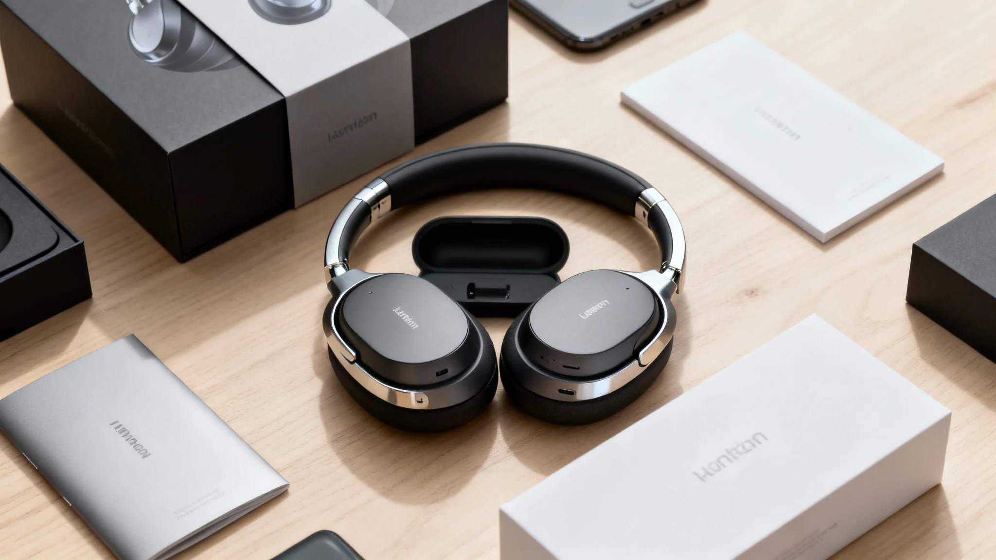 A professional, top-down photograph of a newly unboxed high-end product and its packaging, beautifully arranged on a clean, modern surface.