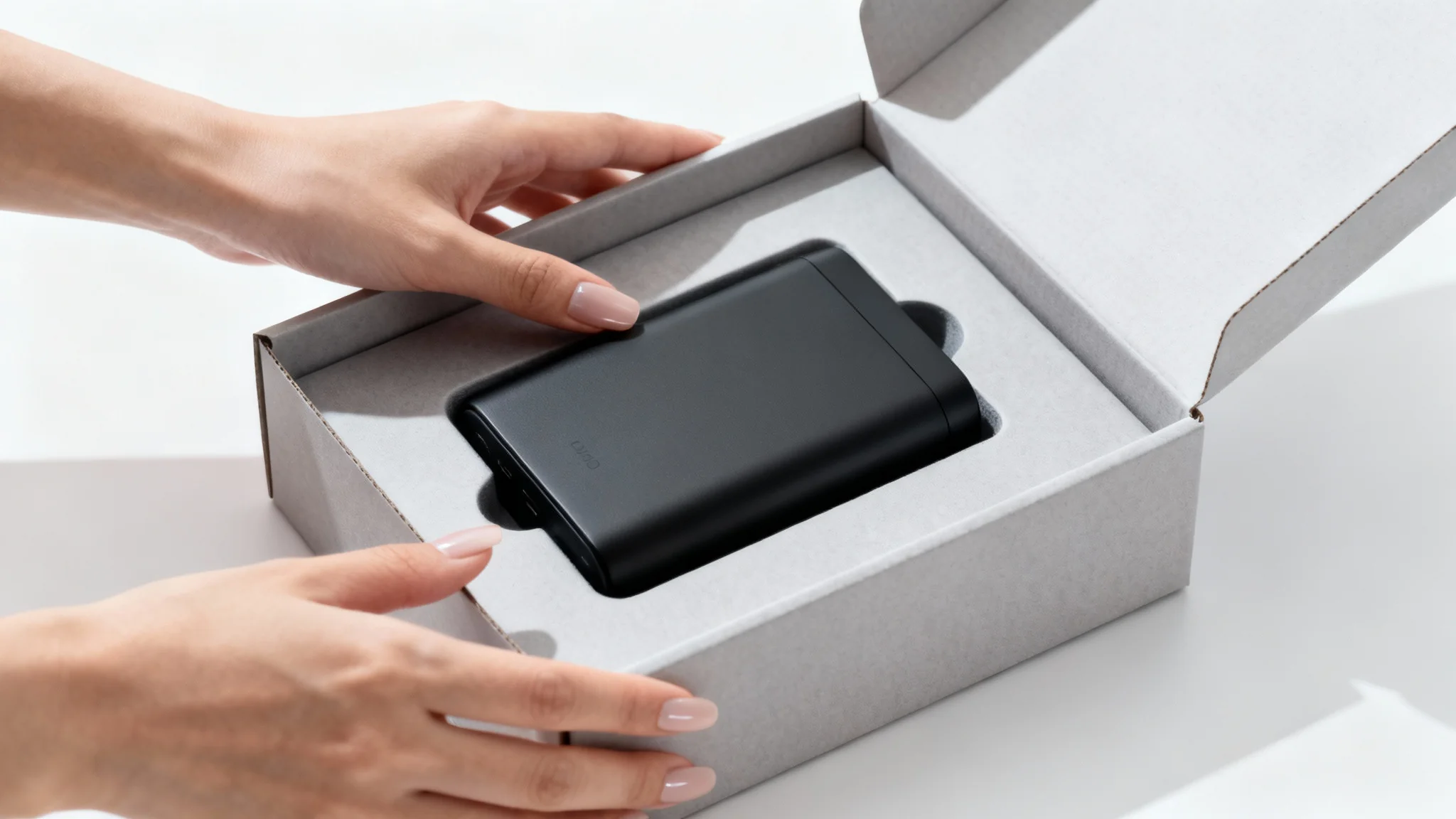 A close-up studio photograph of hands unboxing a sleek, modern gadget from its premium packaging against a clean white background.