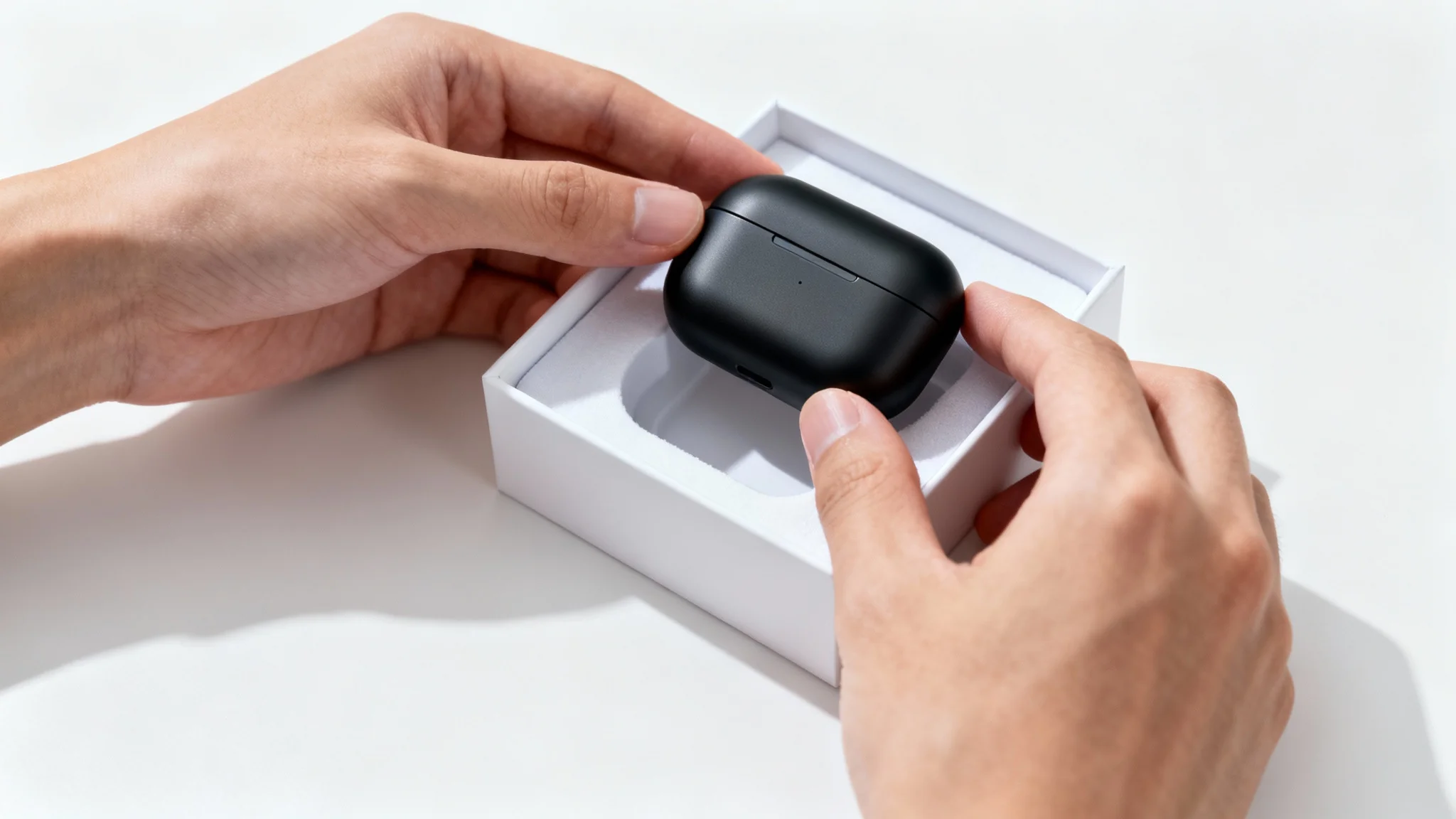 A close-up photo showing a pair of hands unboxing a new product from its premium packaging on a clean white background.