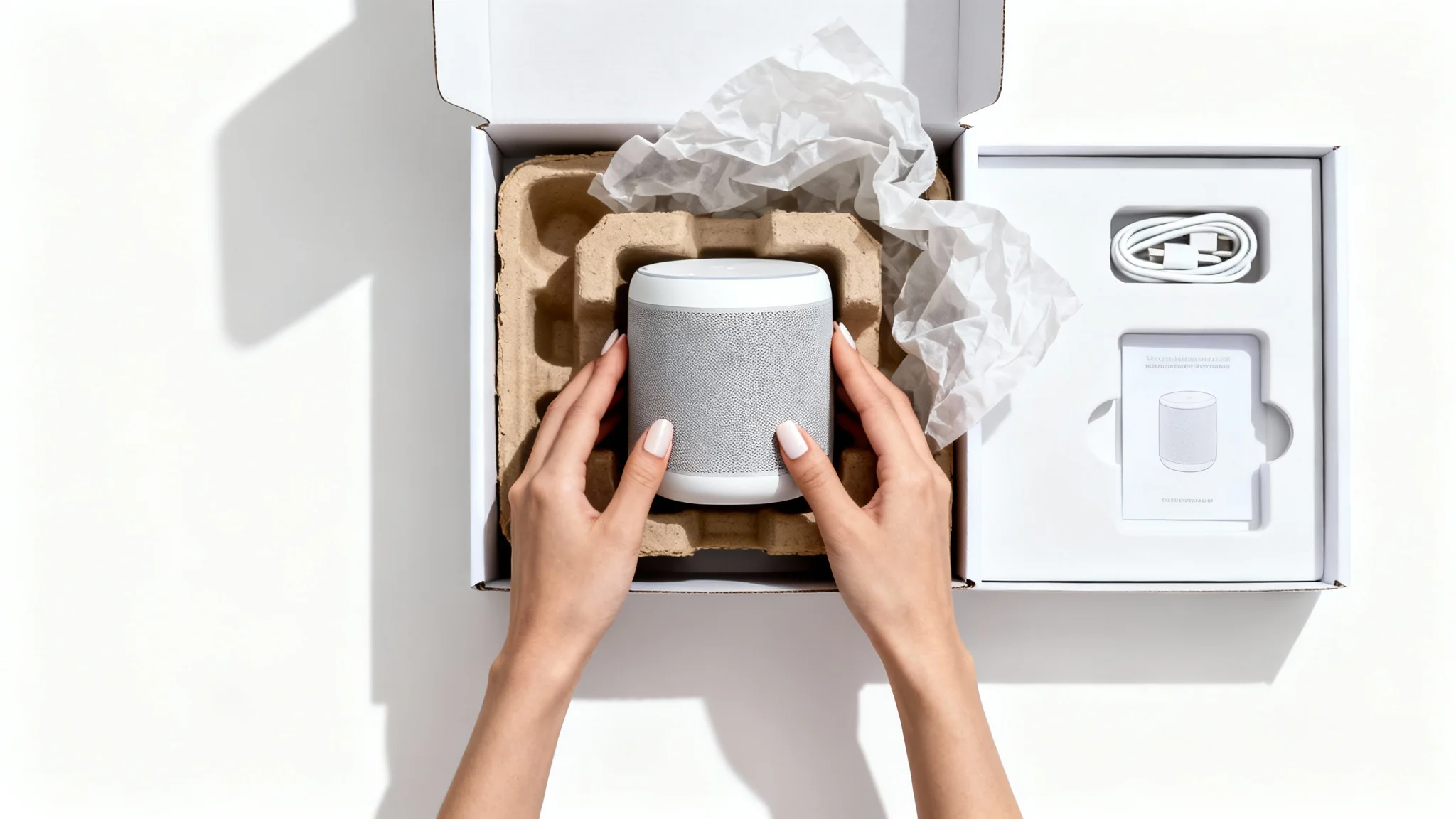 A top-down photorealistic shot of hands unboxing a sleek, modern electronic device from its premium white packaging against a clean white background.