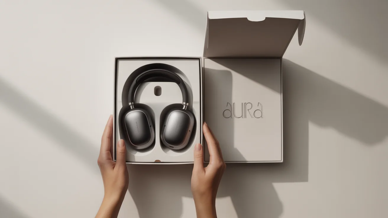 An overhead shot of hands unboxing a new, modern headphone from a clean white box, styled as a professional product unboxing photograph.