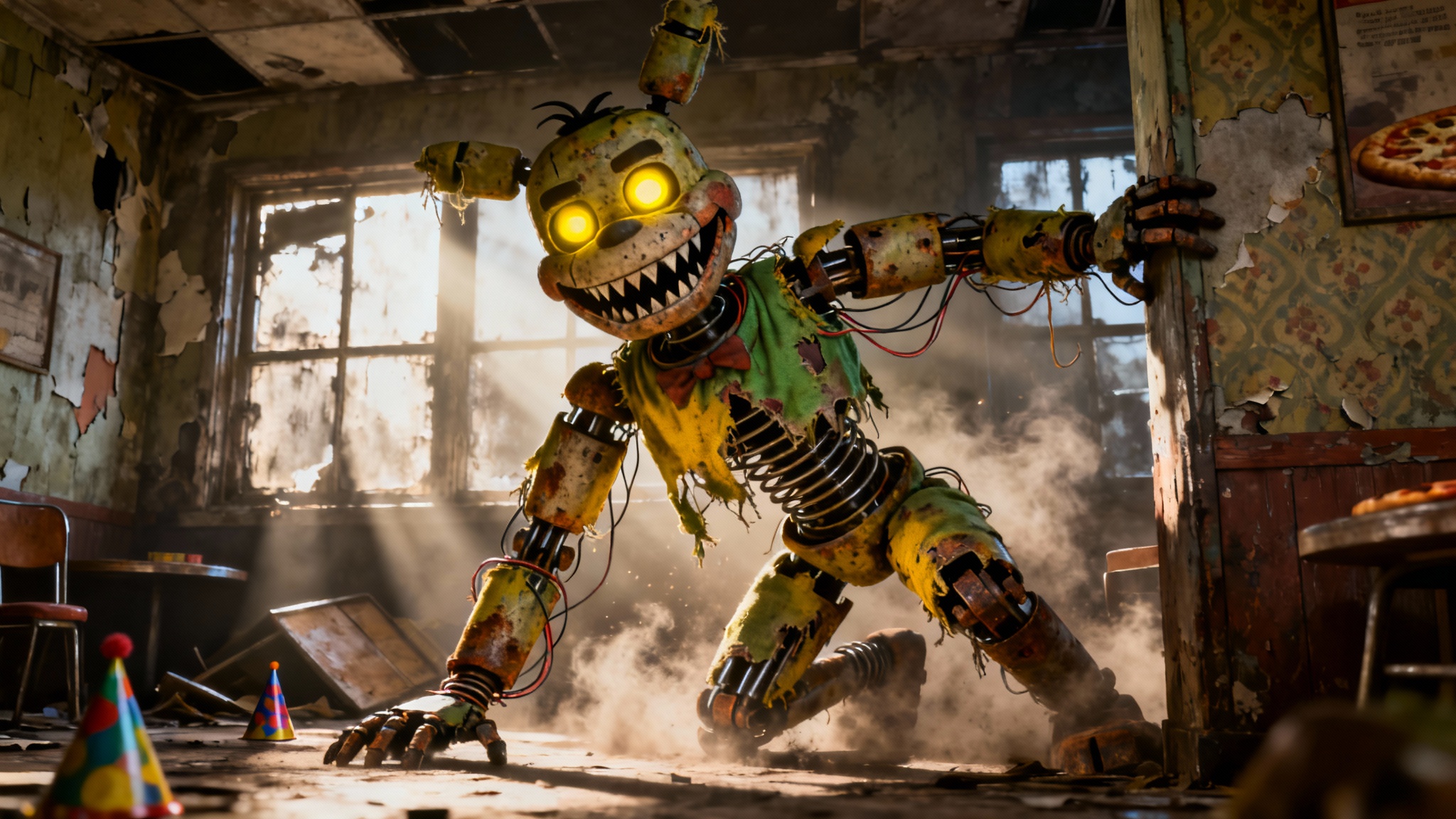 A terrifyingly realistic 3D render of Springtrap from Five Nights at Freddy's, hiding in a dark, abandoned pizzeria with his glowing yellow eyes piercing the gloom.