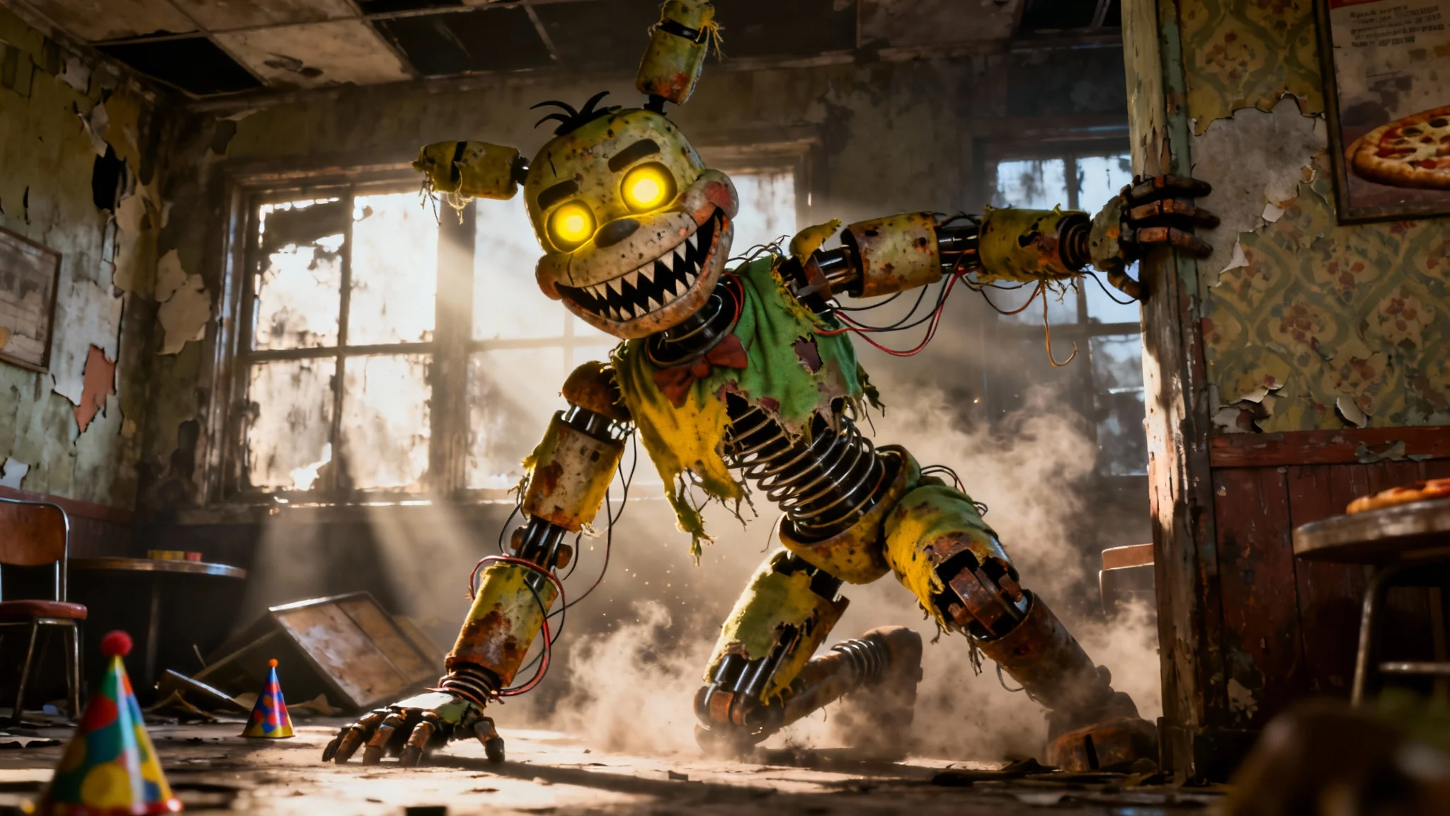 A terrifyingly realistic 3D render of Springtrap from Five Nights at Freddy's, hiding in a dark, abandoned pizzeria with his glowing yellow eyes piercing the gloom.