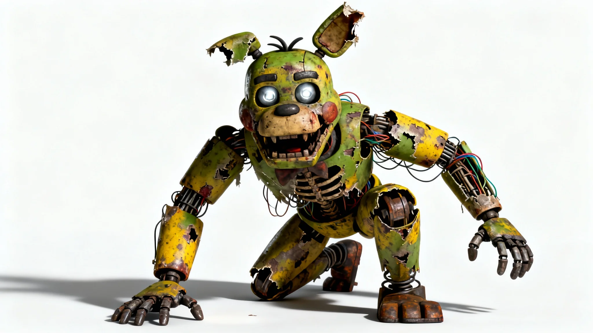 A photorealistic 3D render of the horror character Springtrap, depicted in a menacing pose against a clean white background, showcasing its decayed suit and exposed endoskeleton in extreme detail.