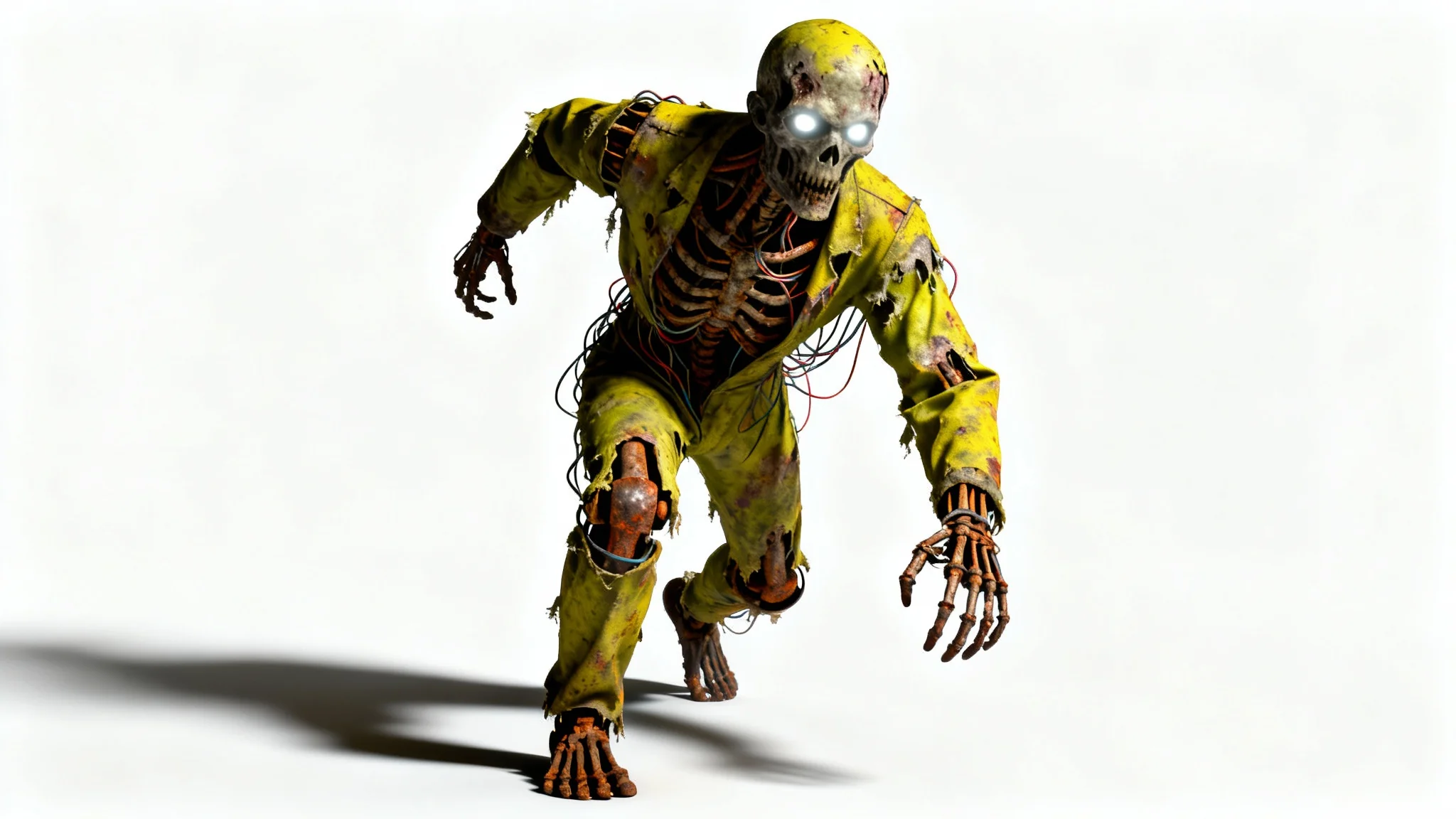 A hyper-realistic 3D render of the terrifying animatronic character Springtrap, posed menacingly on a stark white background.