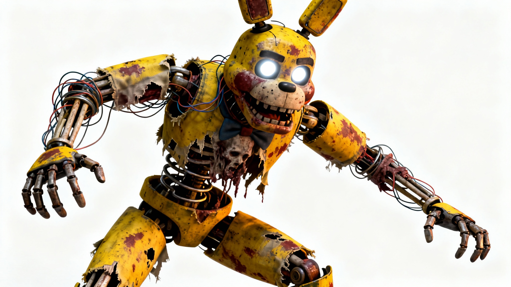 A hyper-realistic 3D render of the terrifying character Springtrap from Five Nights at Freddy's, showcased against a clean white background, highlighting his decayed and menacing appearance.