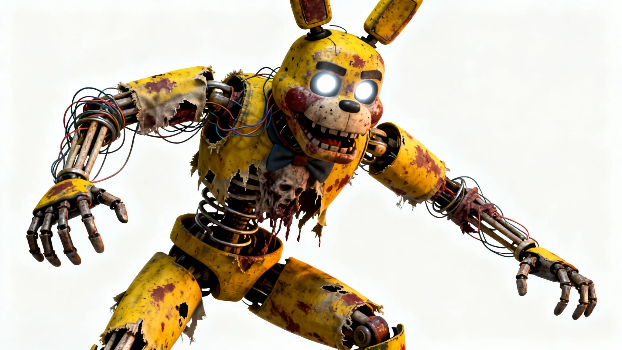 A hyper-realistic 3D render of the terrifying character Springtrap from Five Nights at Freddy's, showcased against a clean white background, highlighting his decayed and menacing appearance.