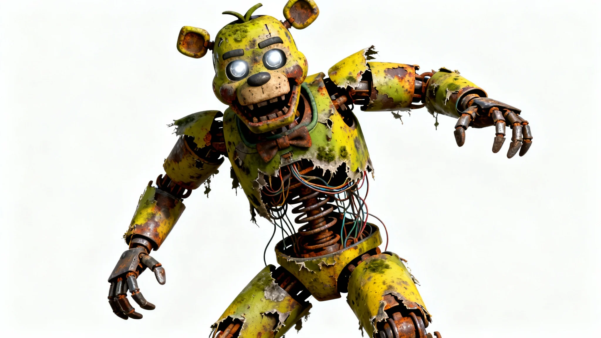 A terrifyingly realistic 3D render of the animatronic character Springtrap, shown in a menacing pose against a clean white background, highlighting his decayed suit and glowing eyes.
