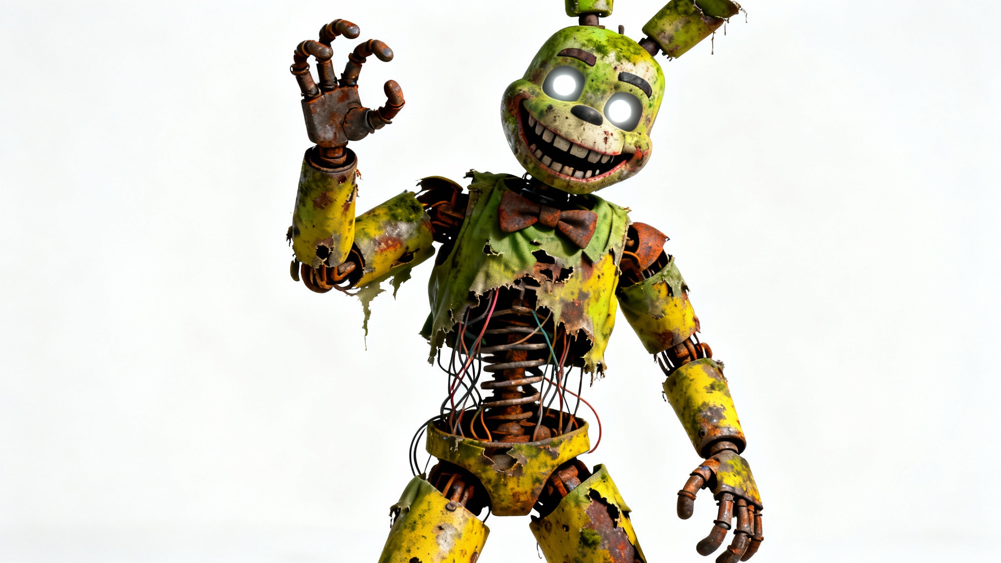 A hyper-realistic 3D render of the horror character Springtrap, a dilapidated animatronic rabbit, standing menacingly against a stark white background, showcasing its decaying suit and exposed endoskeleton.