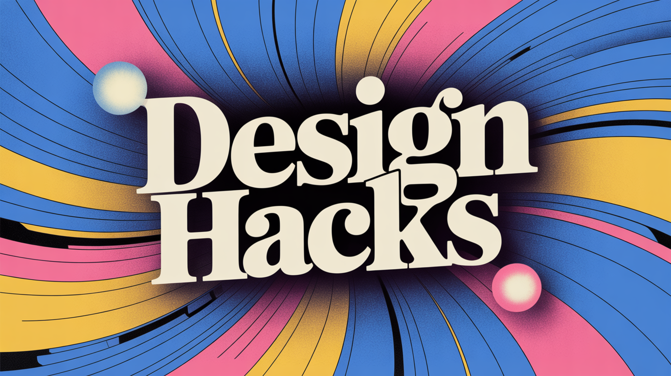 A finished YouTube cover background showing a vibrant abstract design with blue, pink, and yellow swirls, with the words 'DESIGN HACKS' in a bold, modern font overlaid on top.