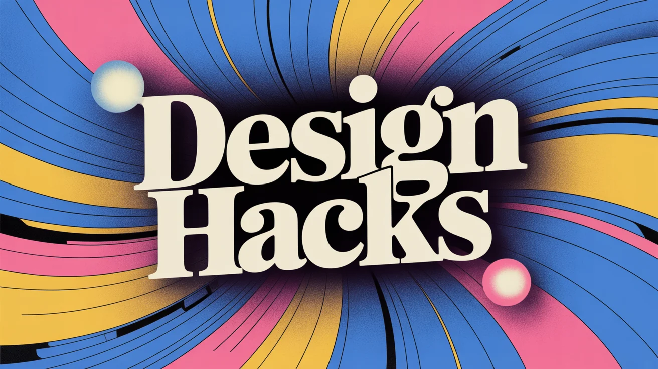A finished YouTube cover background showing a vibrant abstract design with blue, pink, and yellow swirls, with the words 'DESIGN HACKS' in a bold, modern font overlaid on top.
