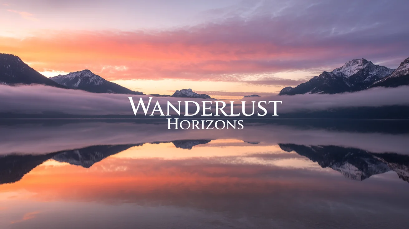 A mockup of a YouTube cover background for a travel channel, showing a panoramic sunrise over a mountain lake with the text 'WANDERLUST HORIZONS', displayed against a white background.