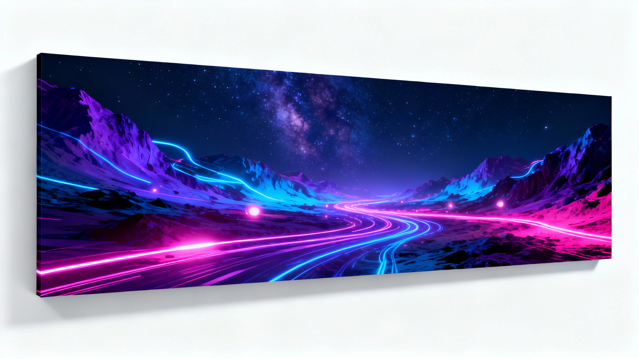 A mockup of a professional YouTube cover background with a futuristic design featuring glowing blue and purple neon light trails, displayed on a white background.