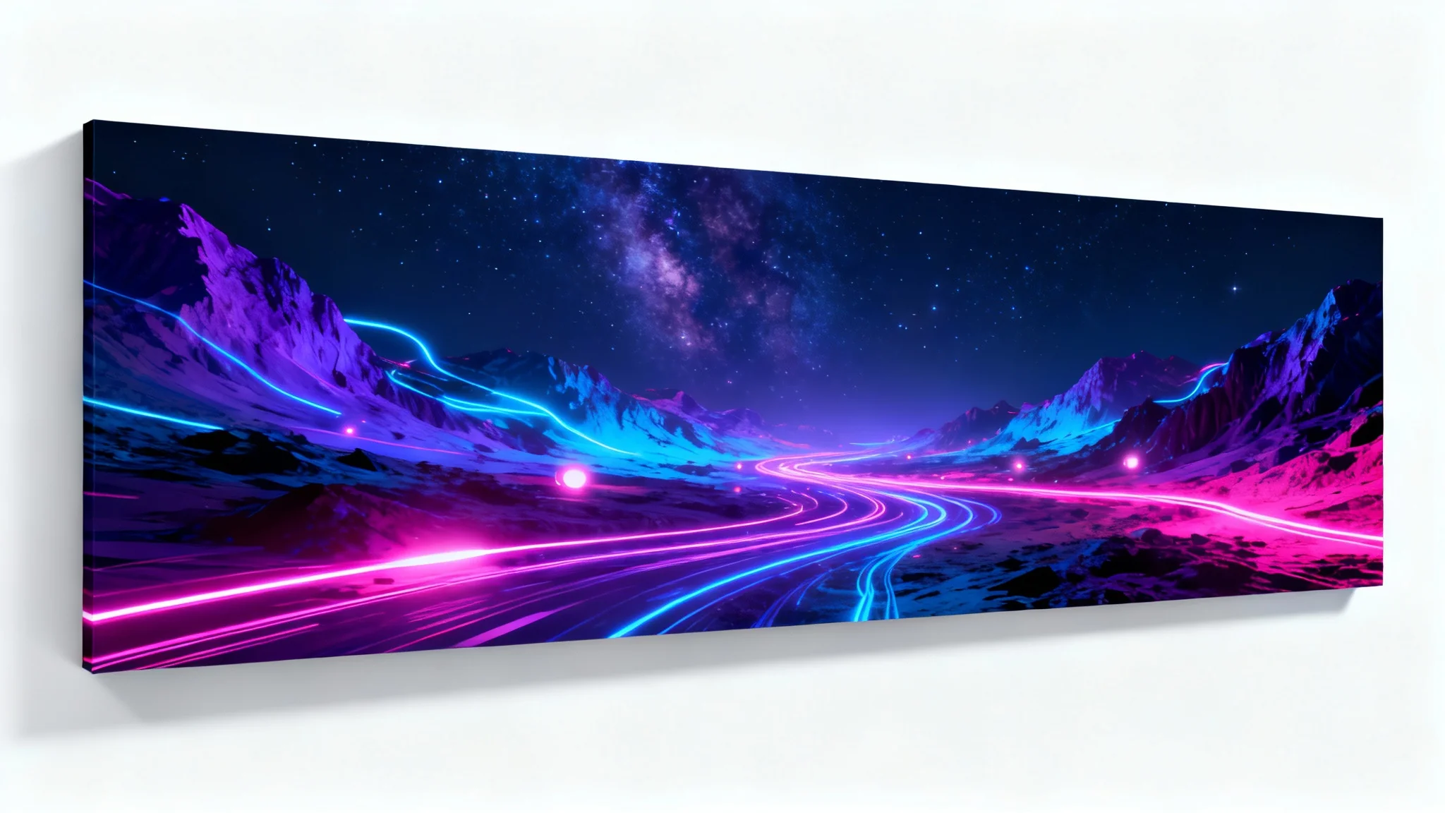 A mockup of a professional YouTube cover background with a futuristic design featuring glowing blue and purple neon light trails, displayed on a white background.