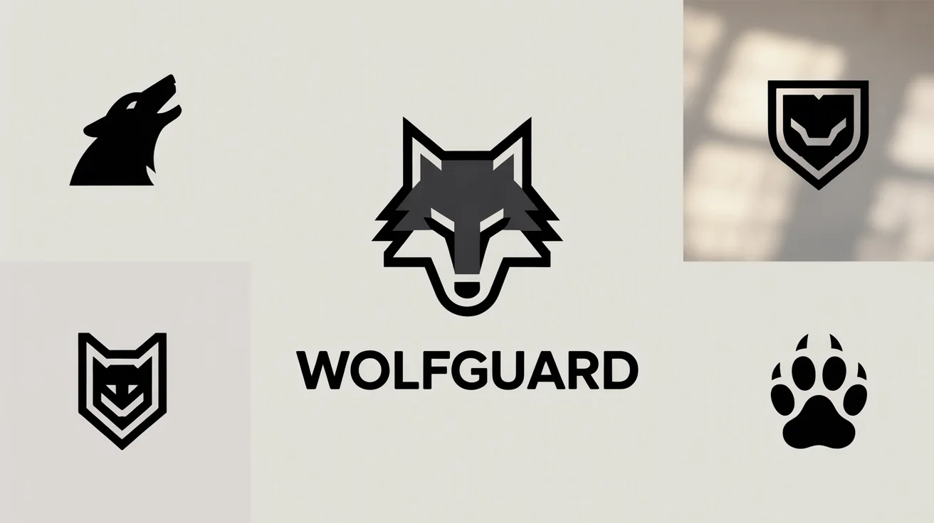 A collection of professionally designed wolf logos, with a central, bold geometric wolf head logo with the text 'WOLFGUARD' underneath, displayed on a clean white background.