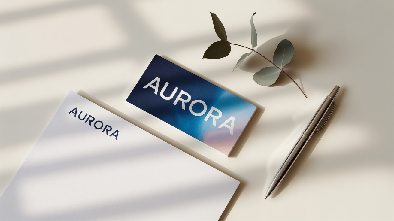 A professional business card and letterhead mockup featuring a modern typography logo. The logo says 'AURORA' in white text on a blue gradient background, representing a final design output.