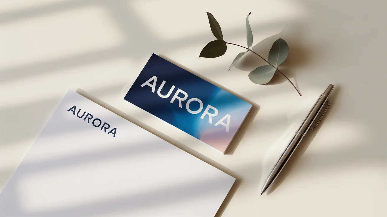 A professional business card and letterhead mockup featuring a modern typography logo. The logo says 'AURORA' in white text on a blue gradient background, representing a final design output.
