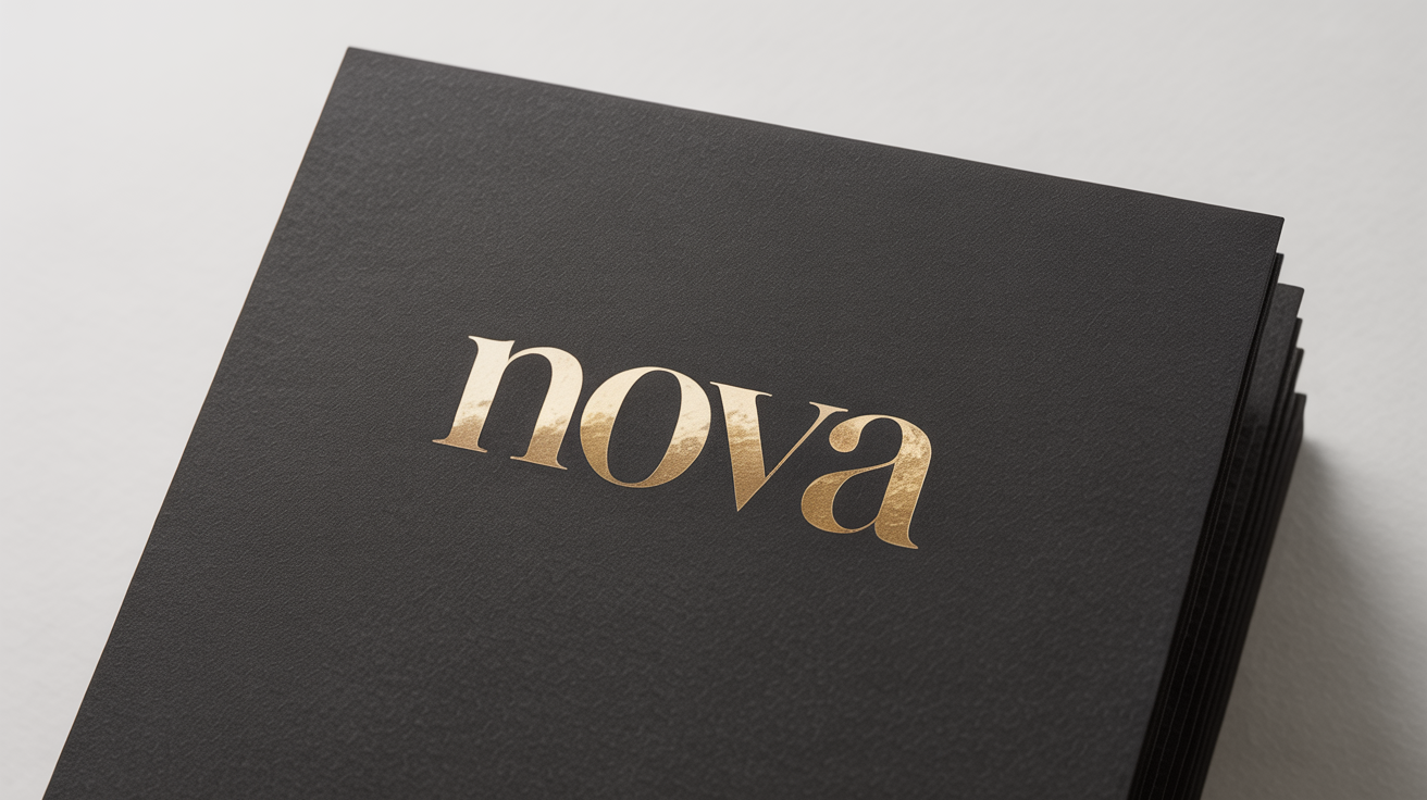 A sophisticated typography logo mockup showing the word 'NOVA' in a gold foil letterpress style on a premium black card, set against a clean white background.