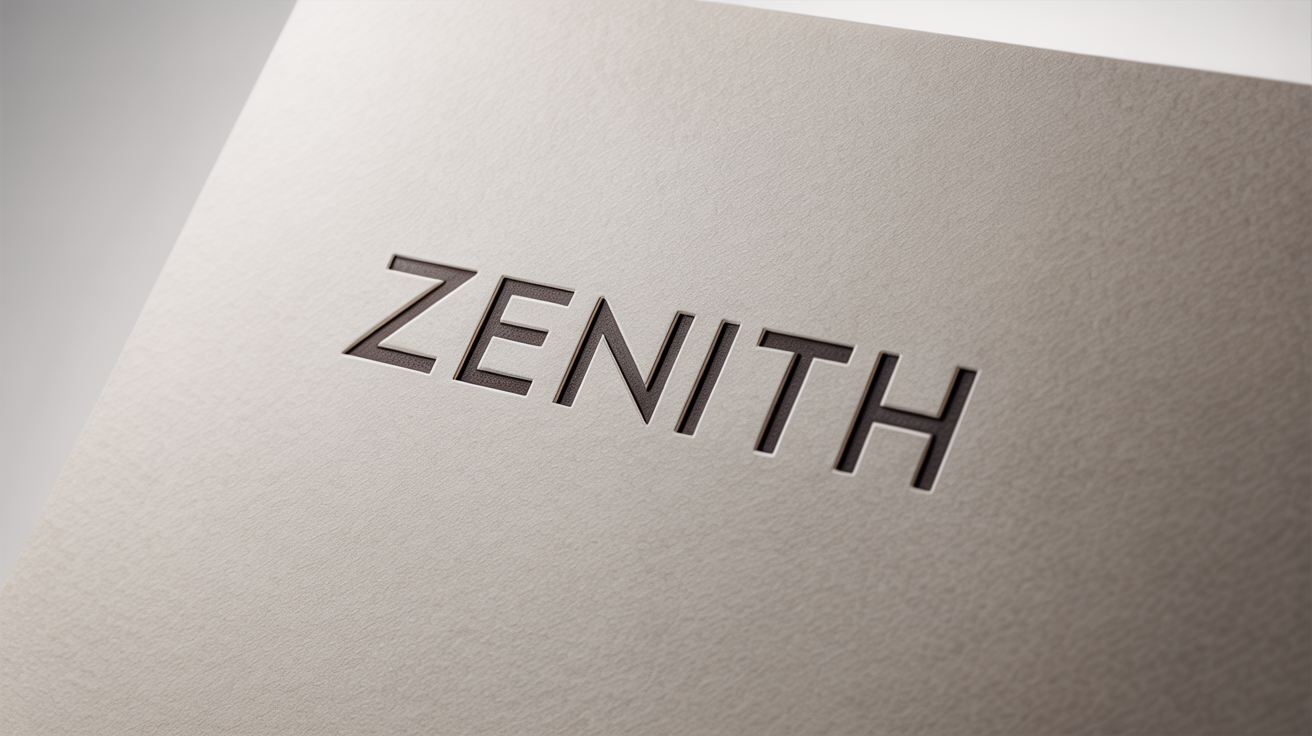 A modern, minimalist typography logo for the brand 'ZENITH', embossed in charcoal grey on textured white paper against a clean white background.