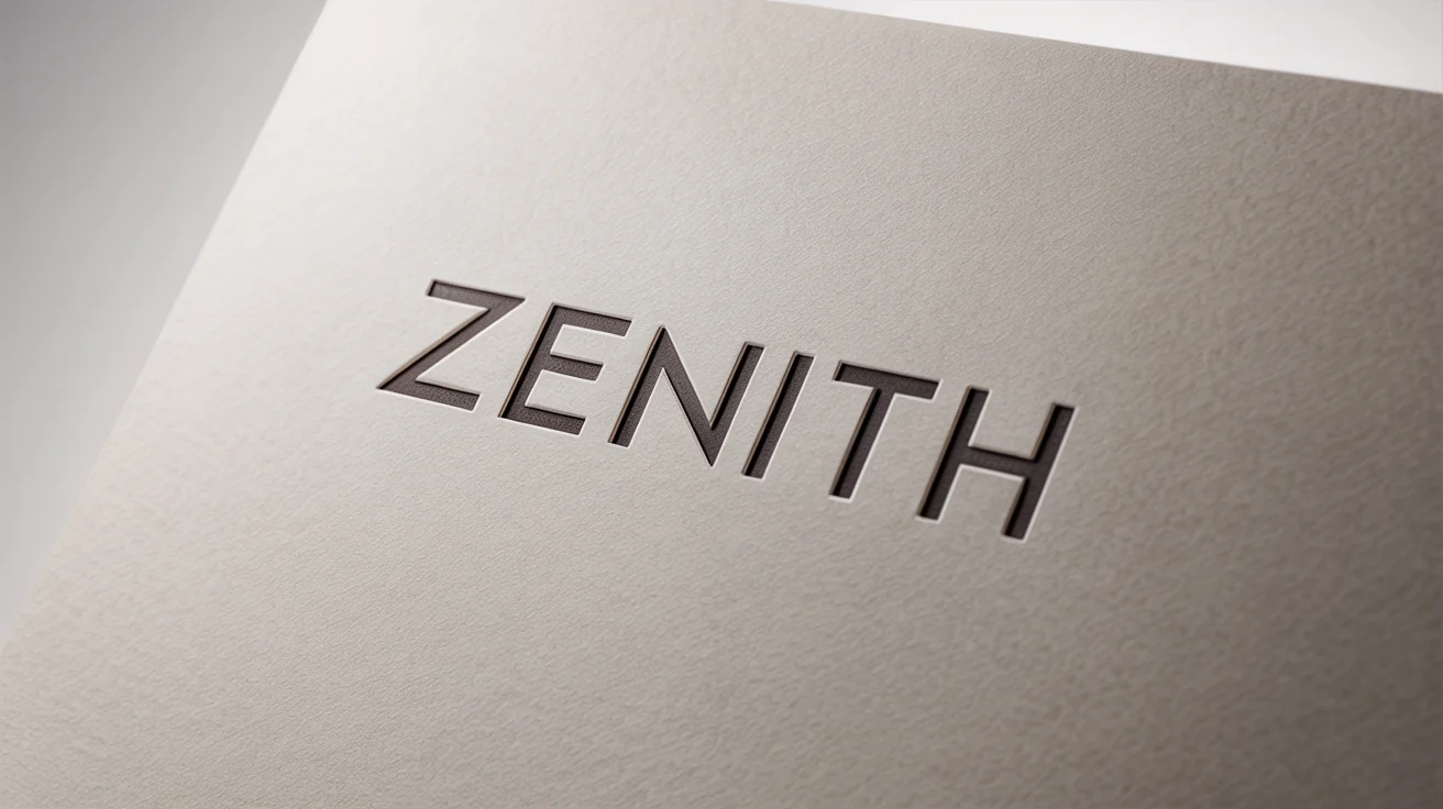 A modern, minimalist typography logo for the brand 'ZENITH', embossed in charcoal grey on textured white paper against a clean white background.
