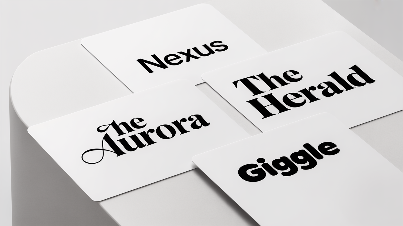 A professional mockup showcasing four distinct typography logos on a white background. The logos are for 'NEXUS' in a modern sans-serif font, 'Aurora' in an elegant script, 'THE HERALD' in a classic serif, and 'Giggle' in a playful rounded font.