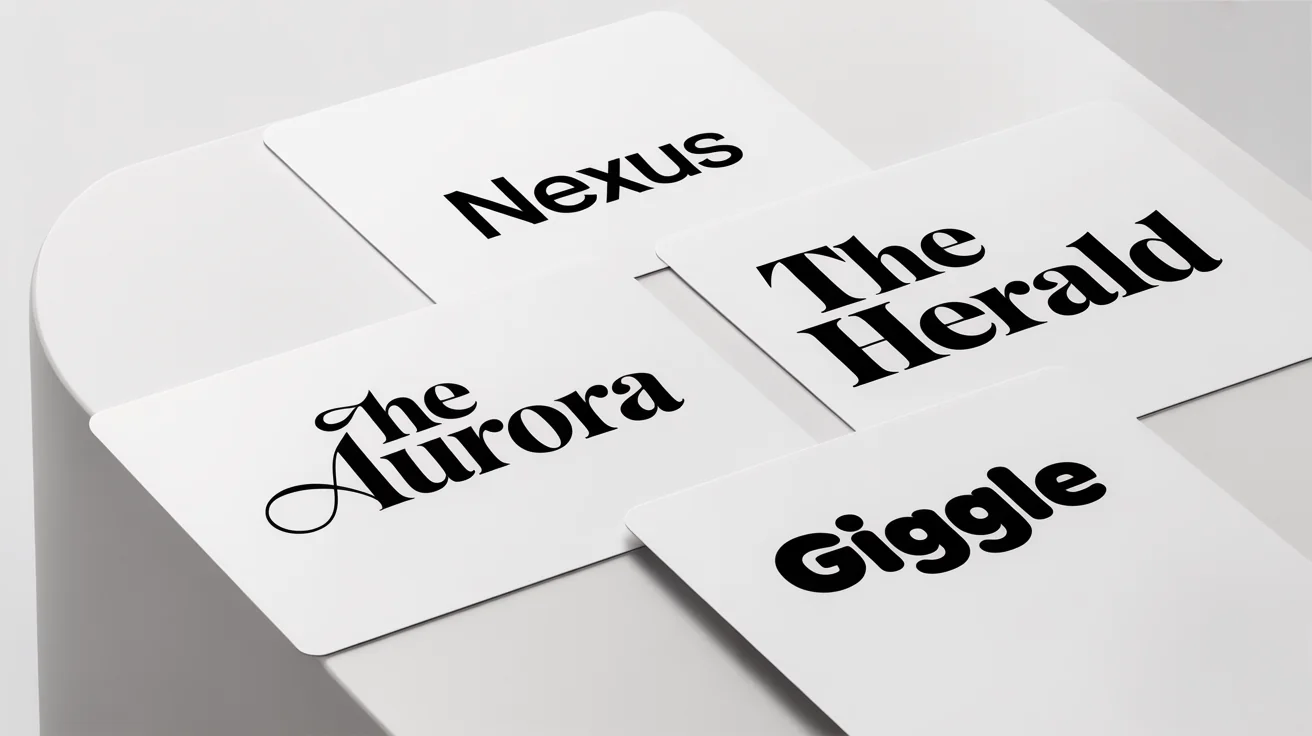 A professional mockup showcasing four distinct typography logos on a white background. The logos are for 'NEXUS' in a modern sans-serif font, 'Aurora' in an elegant script, 'THE HERALD' in a classic serif, and 'Giggle' in a playful rounded font.