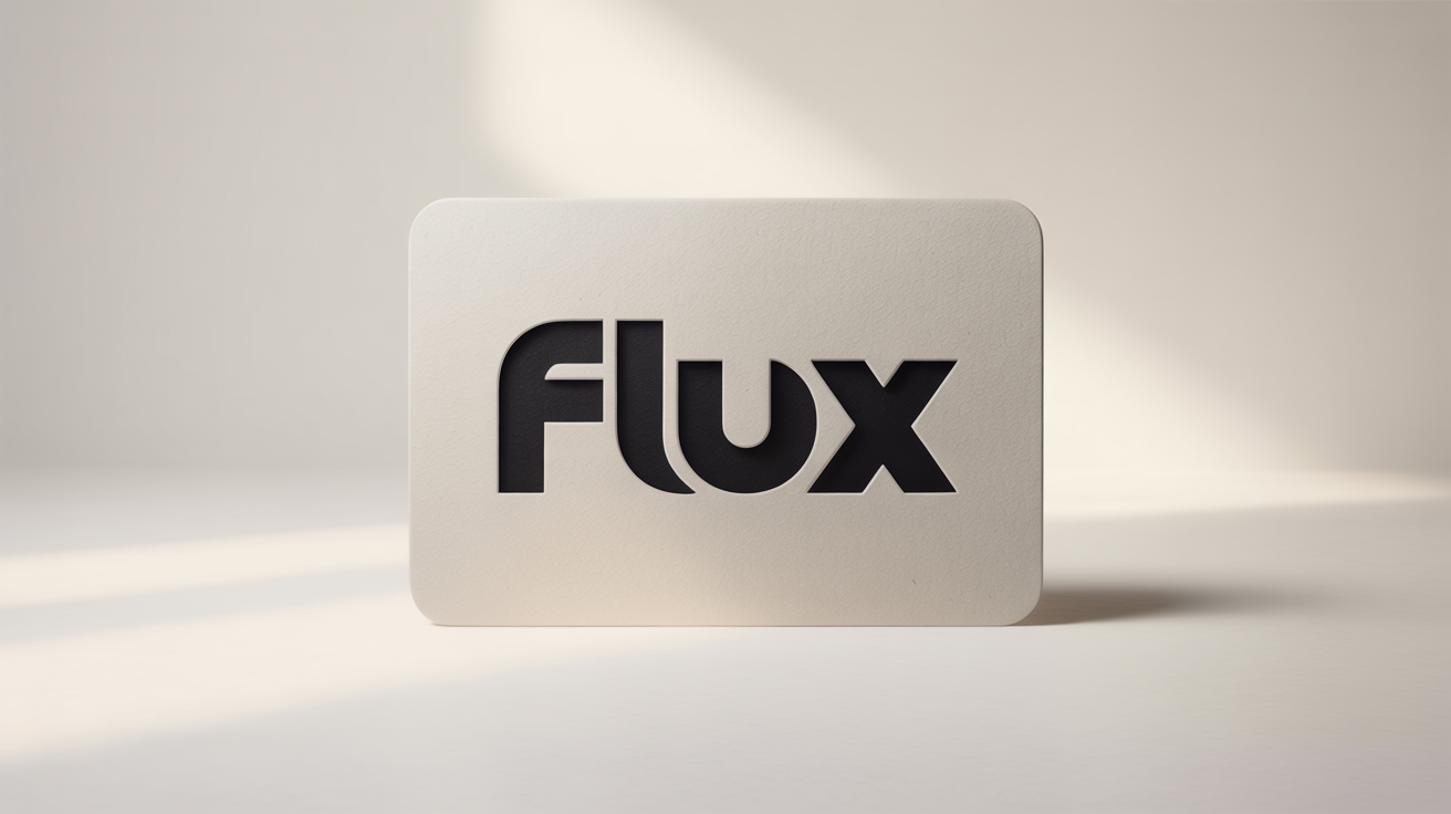 A minimalist mockup of a typography logo for the word 'FLUX', embossed in matte black on a premium off-white paper card against a clean white background.
