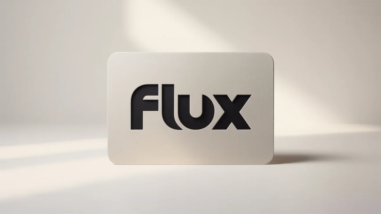 A minimalist mockup of a typography logo for the word 'FLUX', embossed in matte black on a premium off-white paper card against a clean white background.