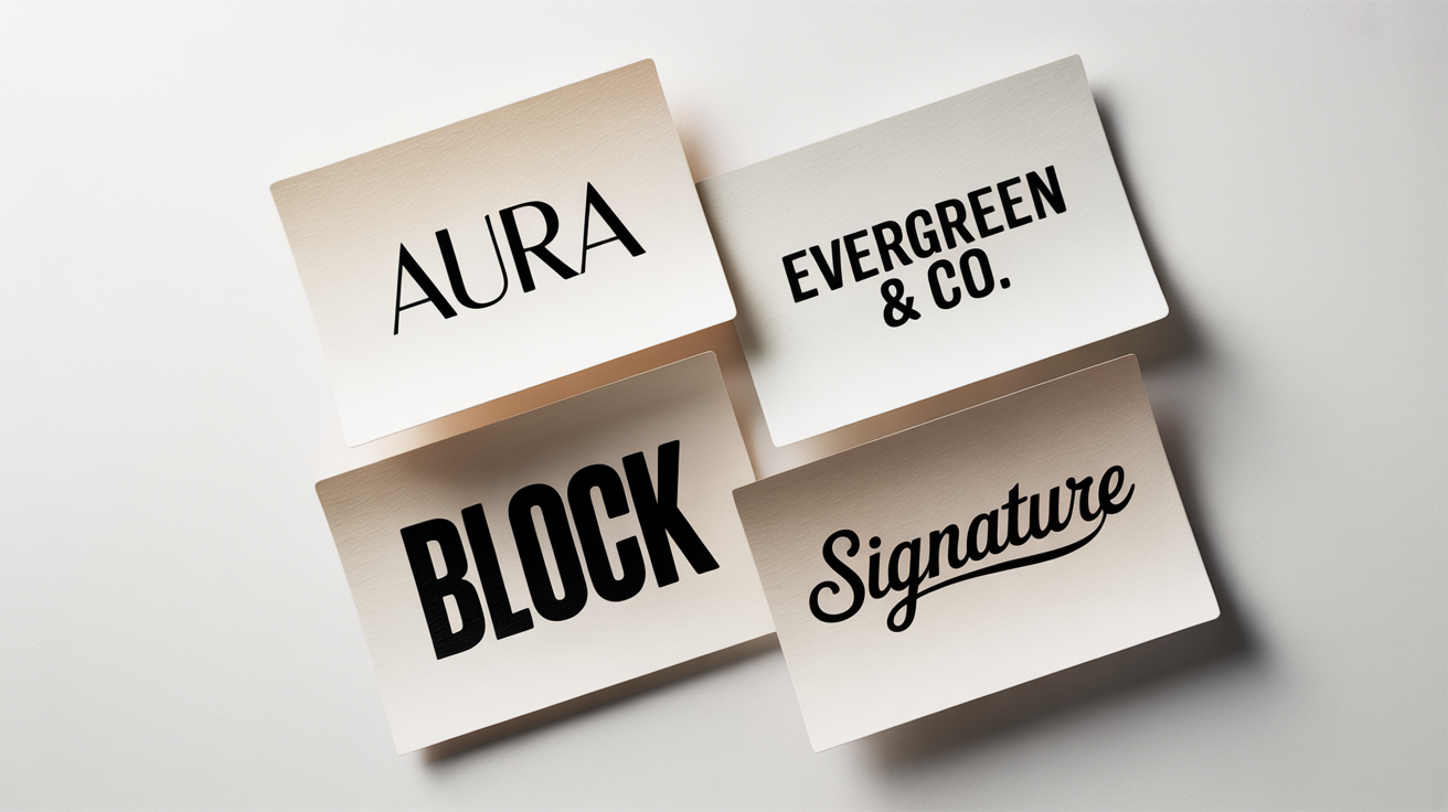 A collection of four different typography logos showcasing various styles, including modern, elegant, bold, and script fonts, presented as mockups on a white background.