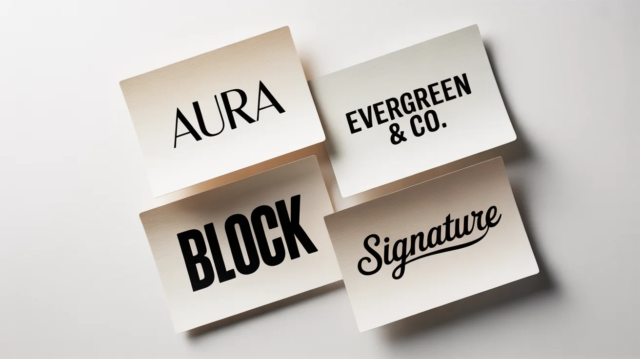 A collection of four different typography logos showcasing various styles, including modern, elegant, bold, and script fonts, presented as mockups on a white background.