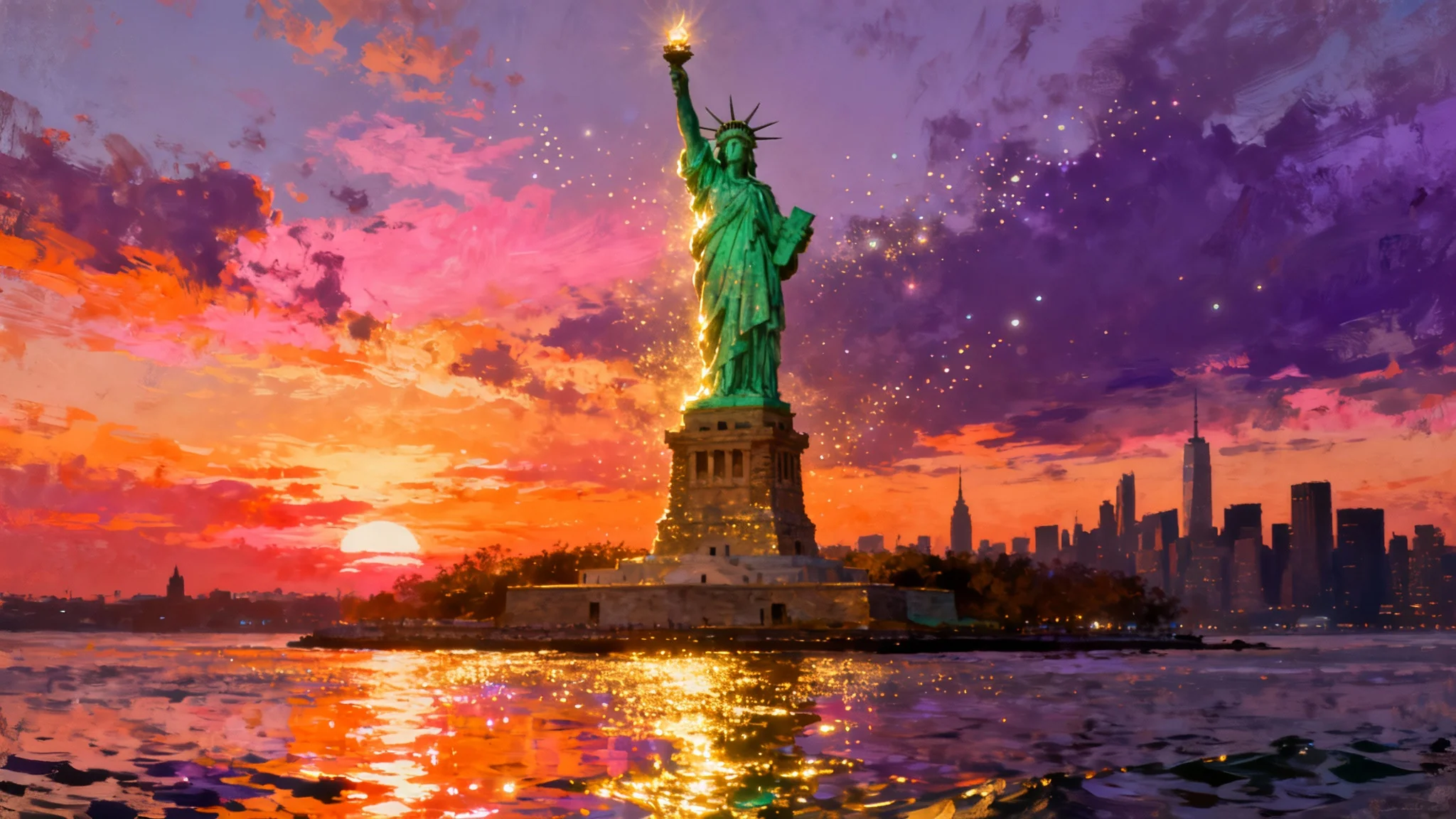 A stunning digital painting of the Statue of Liberty at sunset, featured in a wide-angle view. The statue glows with vibrant green and gold against a dramatic sky of orange and purple, with the New York skyline in the distance.