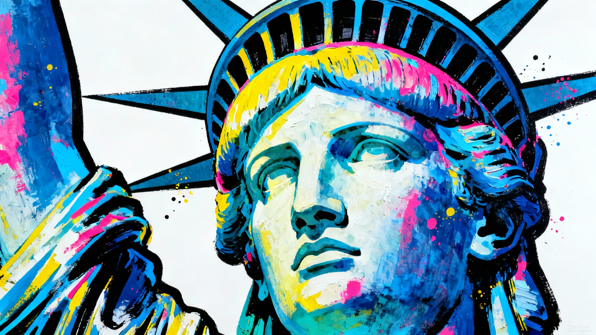 A modern pop art style painting of the Statue of Liberty, rendered in vibrant, non-traditional colors like blue and pink, set against a stark white background.