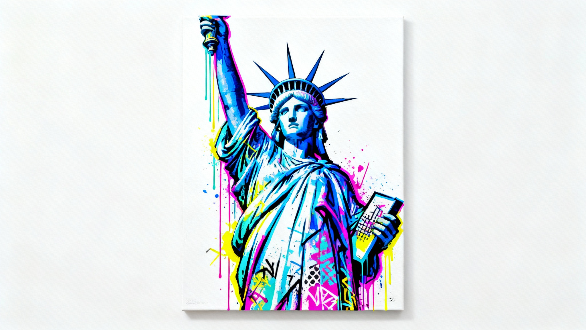 A vibrant street art style painting of the Statue of Liberty, featuring bold colors and paint splatters, isolated on a clean white background.