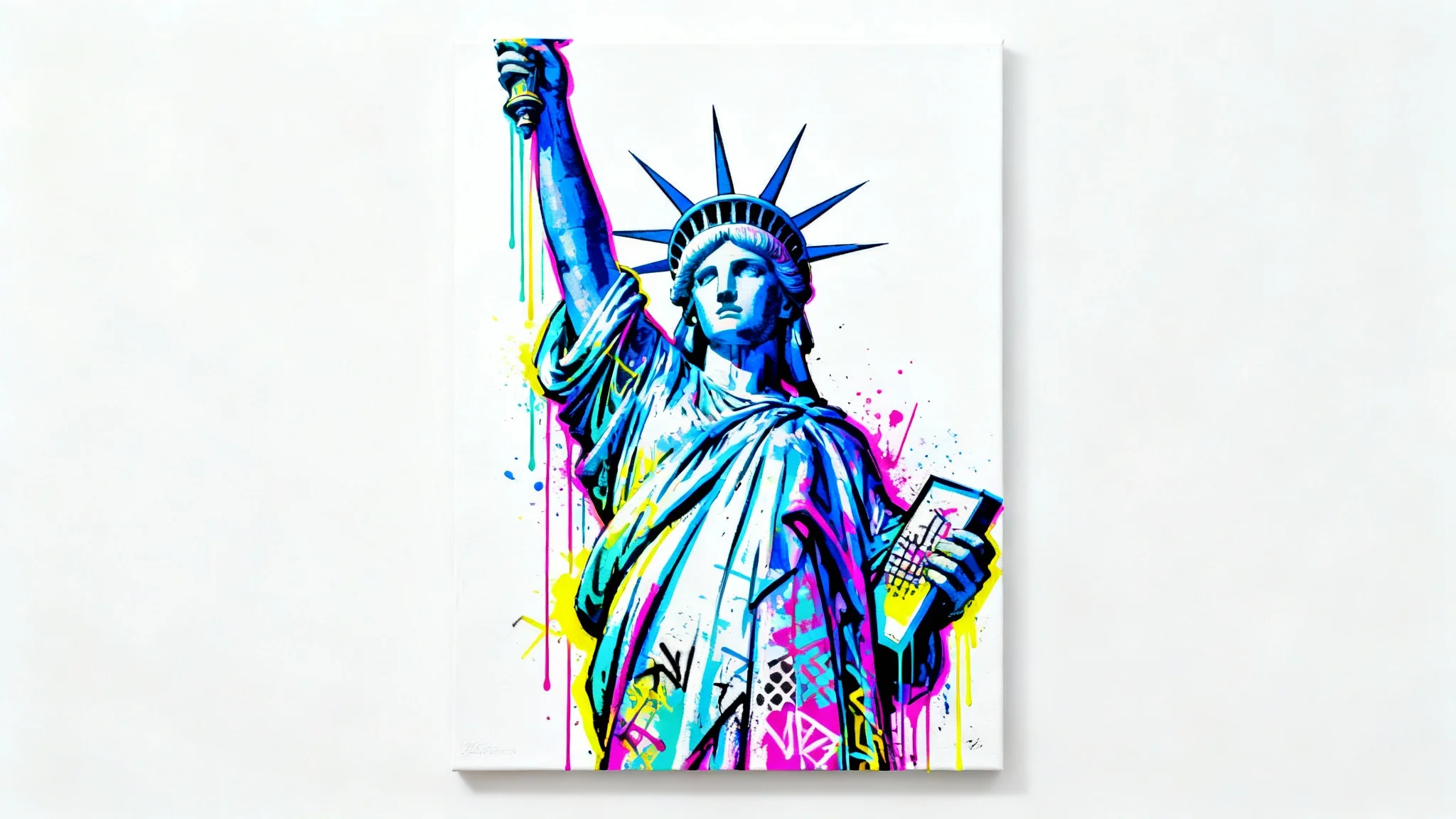 A vibrant street art style painting of the Statue of Liberty, featuring bold colors and paint splatters, isolated on a clean white background.