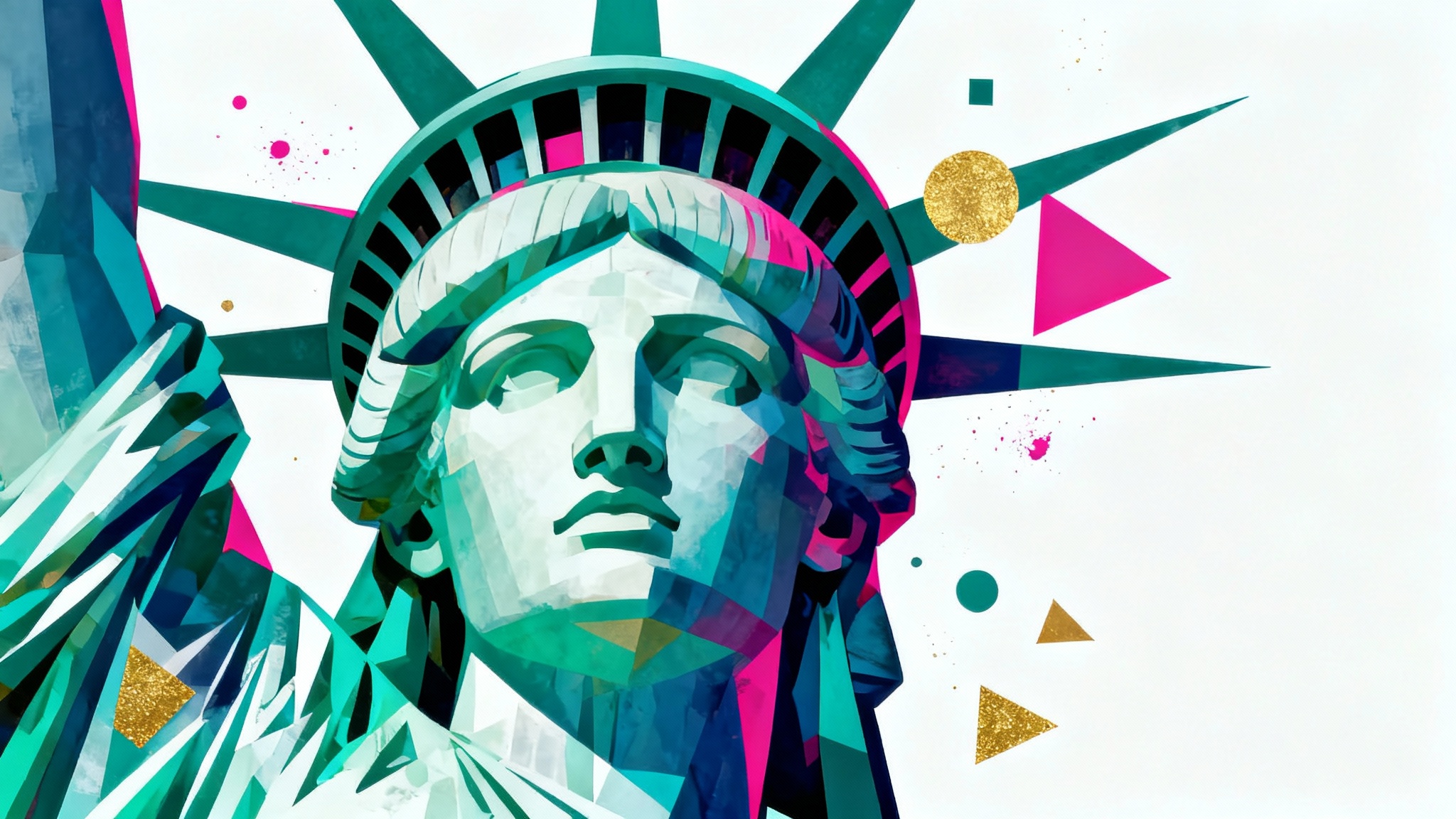 A modern pop art style illustration of the Statue of Liberty's face and crown, featuring bold geometric shapes and a vibrant color palette of teal, magenta, and gold, set against a plain white background.