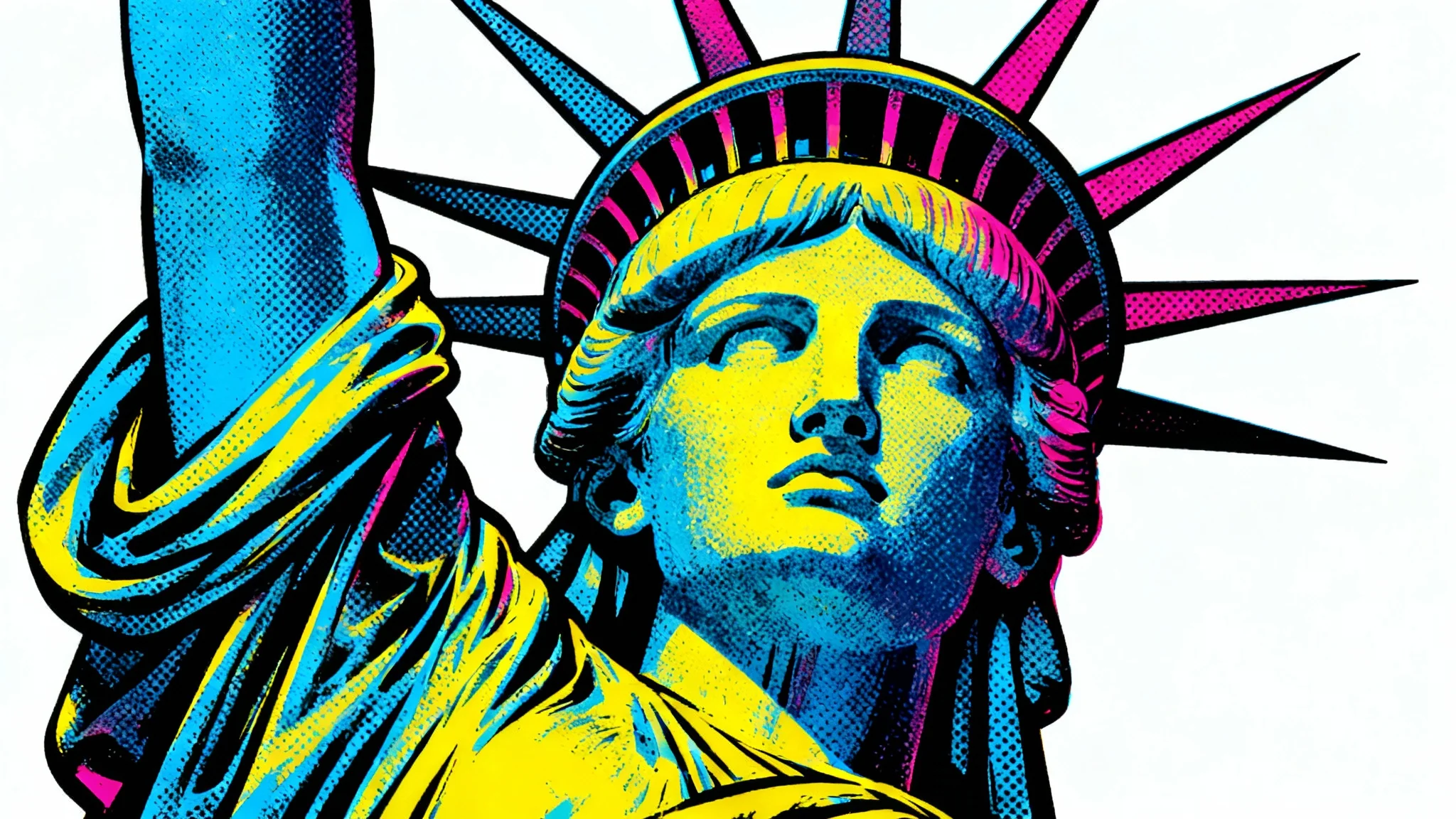 A modern pop art illustration of the Statue of Liberty's face and crown, featuring bright colors like magenta and blue against a solid white background.