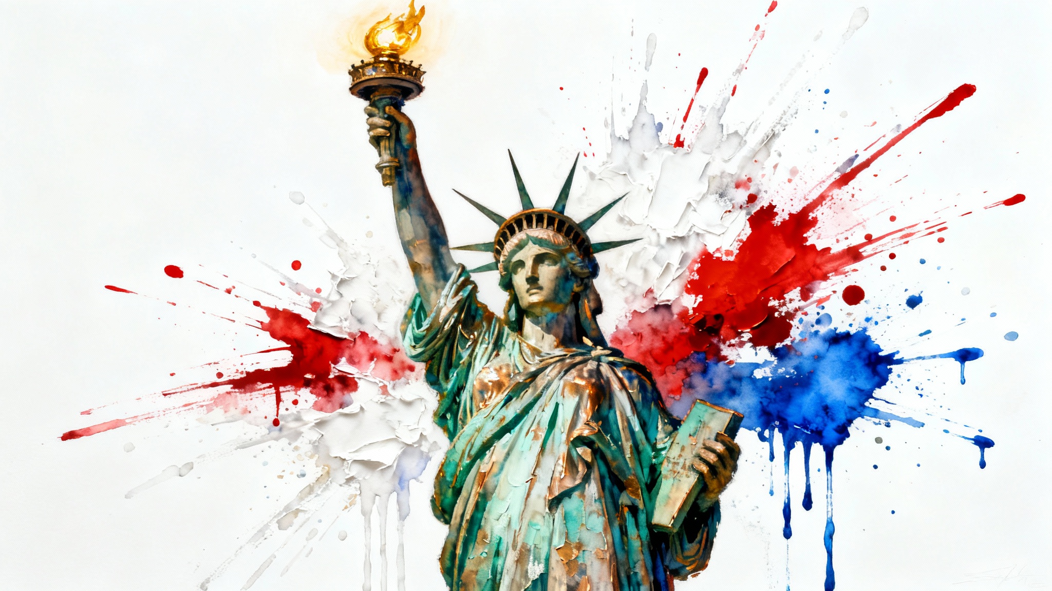 A modern, artistic rendering of the Statue of Liberty in a mixed-media style with vibrant splashes of red, white, and blue, set against a plain white background.