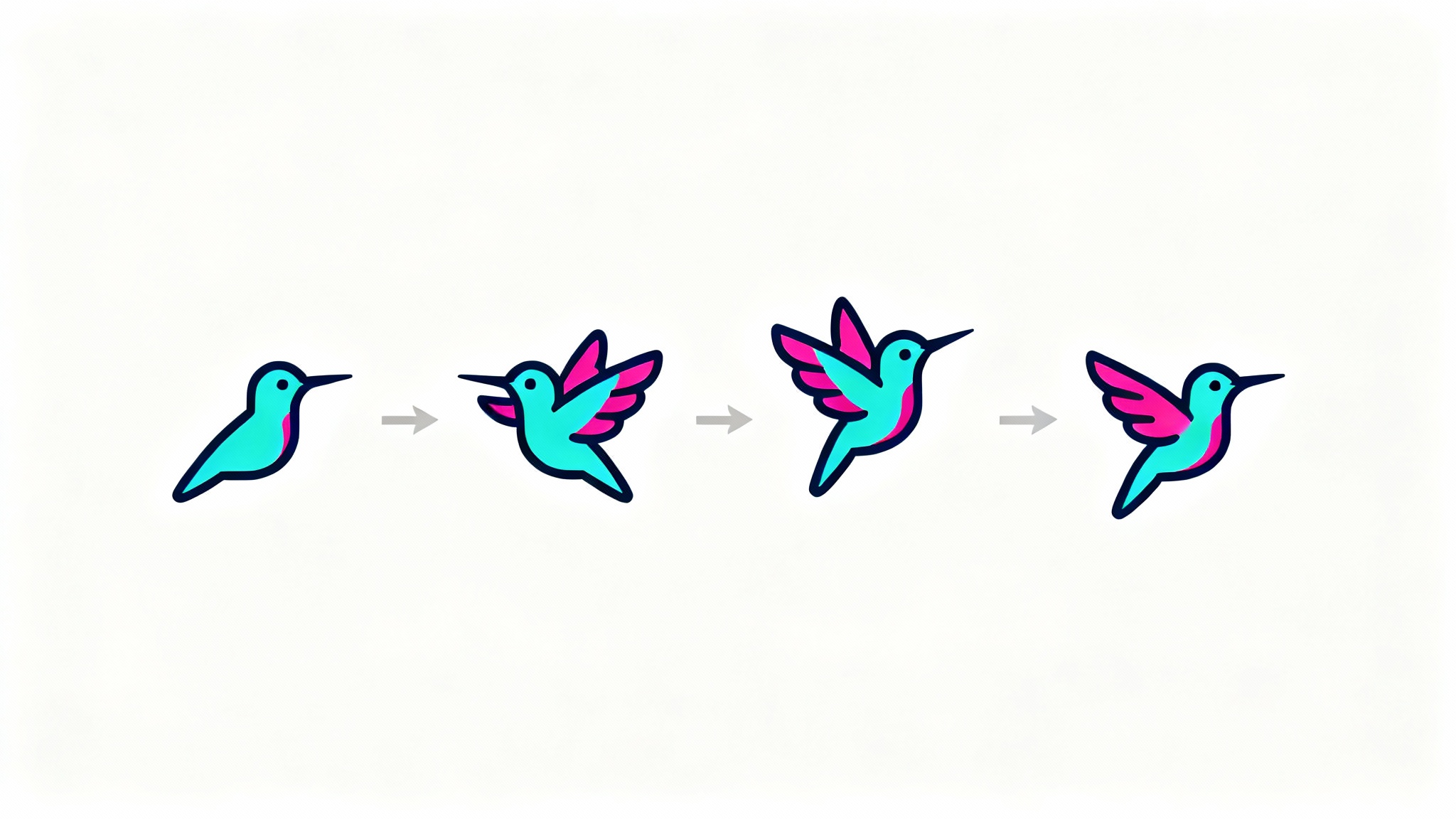 A sequence of four icons showing the frames of a hummingbird in flight, illustrating the concept of an animated favicon against a white background.
