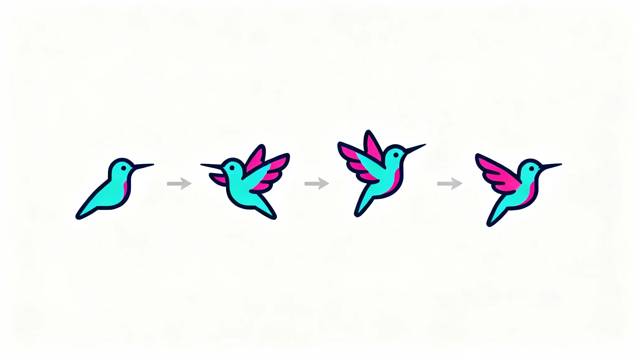 A sequence of four icons showing the frames of a hummingbird in flight, illustrating the concept of an animated favicon against a white background.