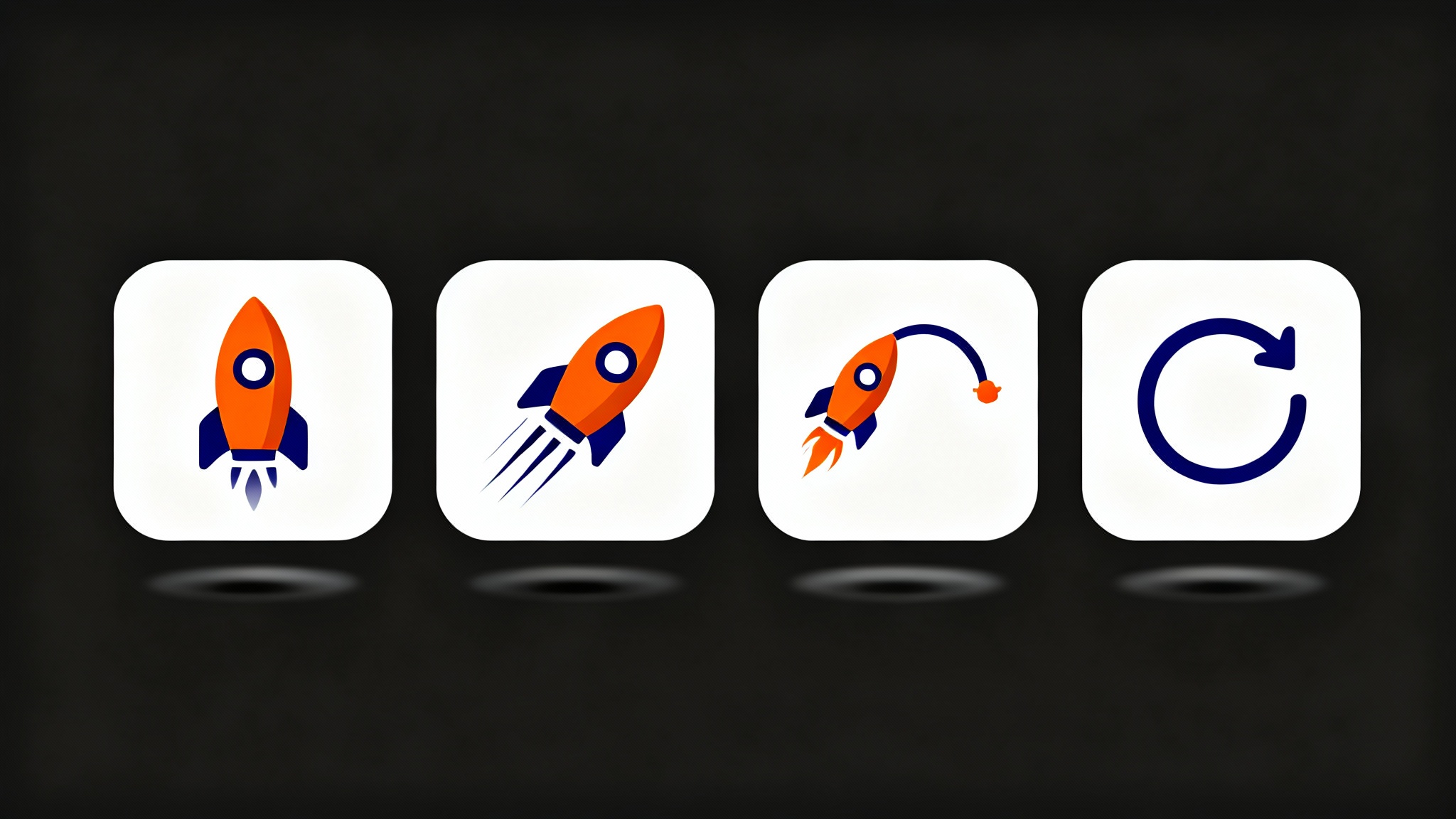 A sequence of four minimalist rocket ship icons on a white background, illustrating an animation loop of the rocket launching, representing an animated favicon.