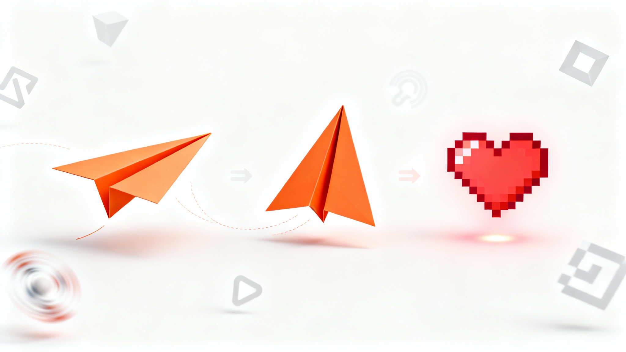 A collection of colorful, minimalist vector icons on a white background, illustrating the concept of animated favicons. A central paper airplane icon is shown in sequence, and a pixel heart icon glows, suggesting animation.