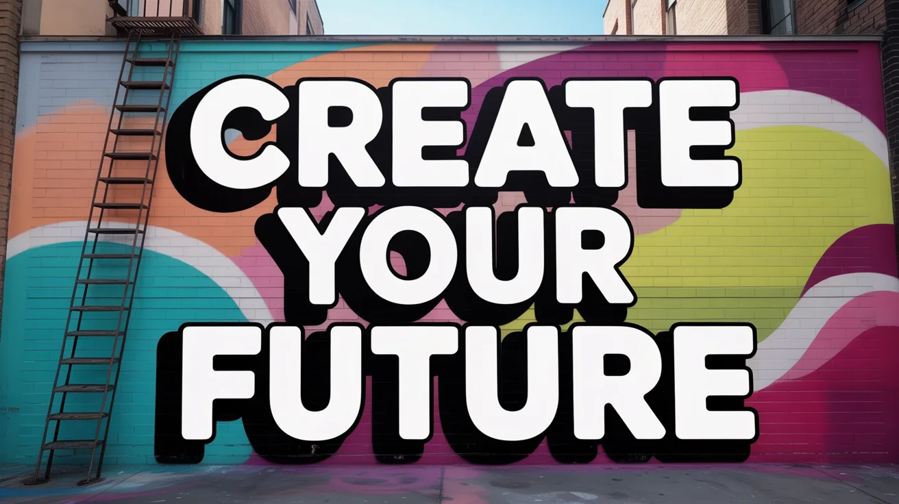 A sign on a colorful graffiti-covered brick wall reads 'CREATE YOUR FUTURE'. The white text has a thick black outline, demonstrating the text stroke effect.