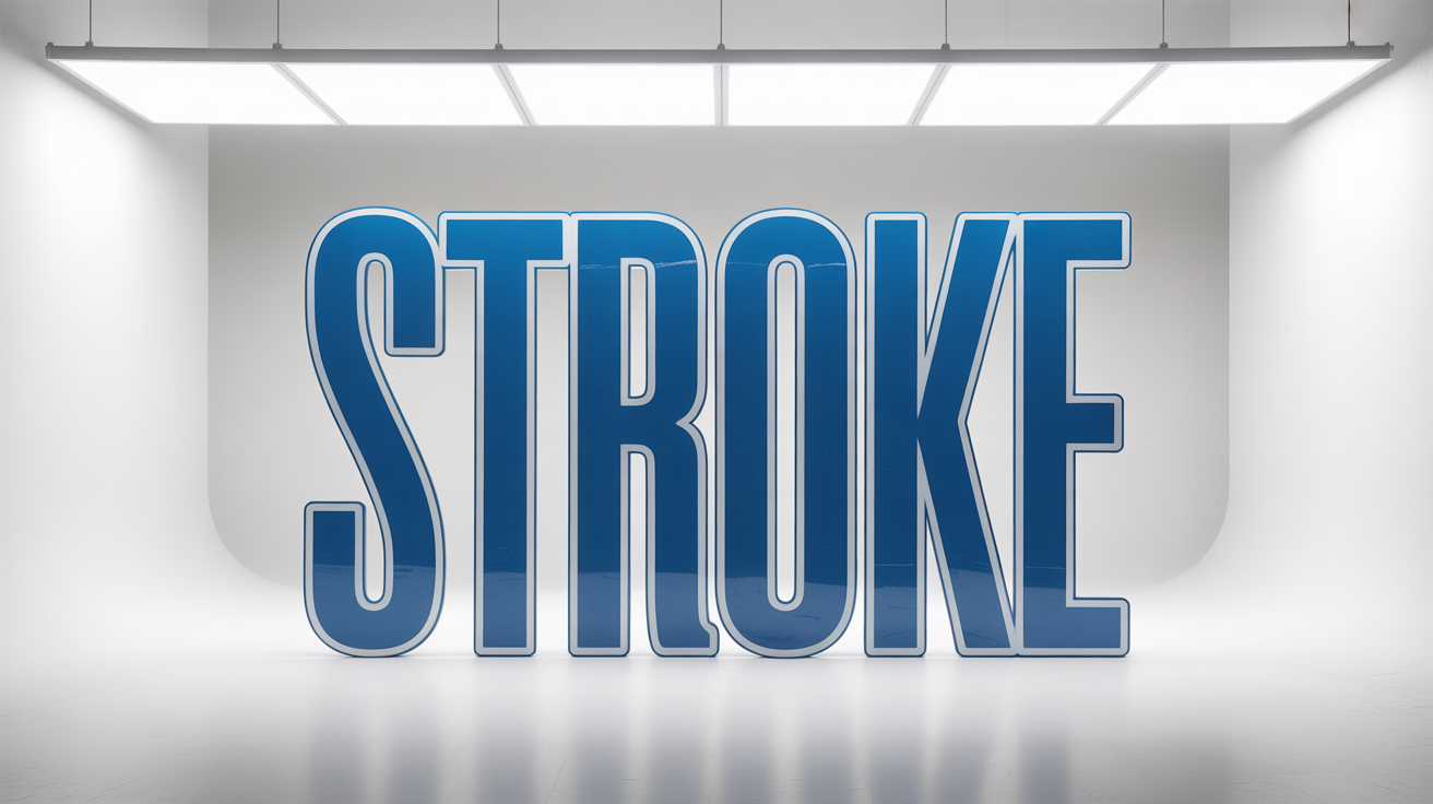 A 3D graphic of the word 'STROKE' in a bold blue font with a thick white outline, demonstrating a text stroke effect against a clean white background.