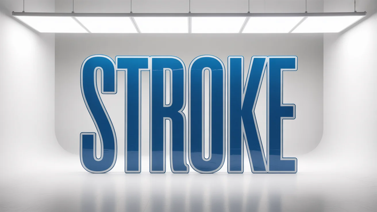 A 3D graphic of the word 'STROKE' in a bold blue font with a thick white outline, demonstrating a text stroke effect against a clean white background.