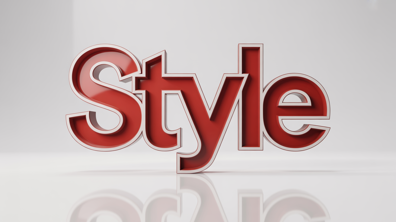 A 3D rendering of the word 'STYLE' in bold, glossy red letters. Each letter has a thick white outline (stroke), and the word casts a soft shadow on the pure white background, demonstrating a text stroke effect.