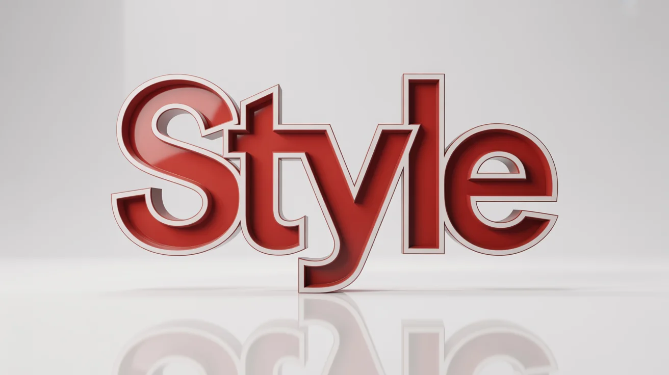 A 3D rendering of the word 'STYLE' in bold, glossy red letters. Each letter has a thick white outline (stroke), and the word casts a soft shadow on the pure white background, demonstrating a text stroke effect.