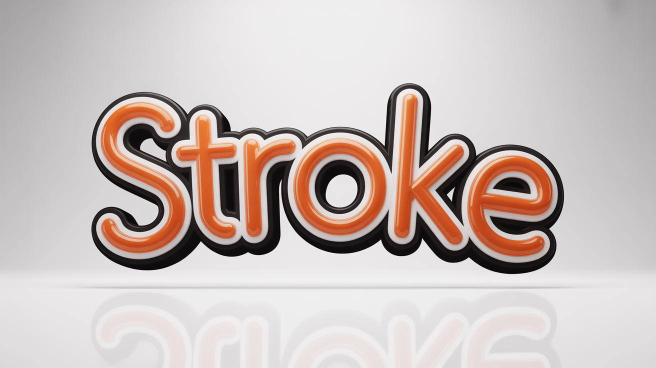 A 3D rendering of the word 'STROKE' in glossy orange letters with a thick white and thin black outline, demonstrating a text stroke effect against a white background.