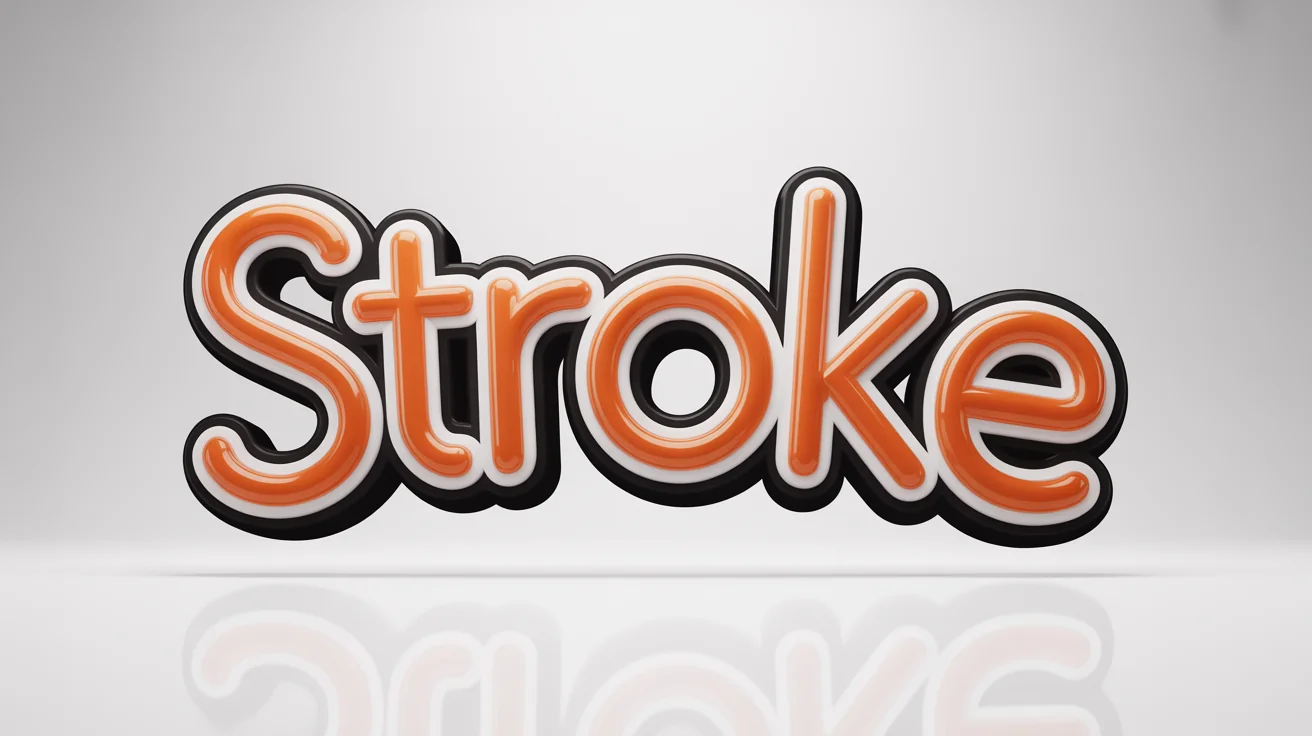 A 3D rendering of the word 'STROKE' in glossy orange letters with a thick white and thin black outline, demonstrating a text stroke effect against a white background.